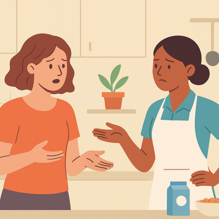 Two women in a kitchen discussing something, one looks concerned while the other gestures.