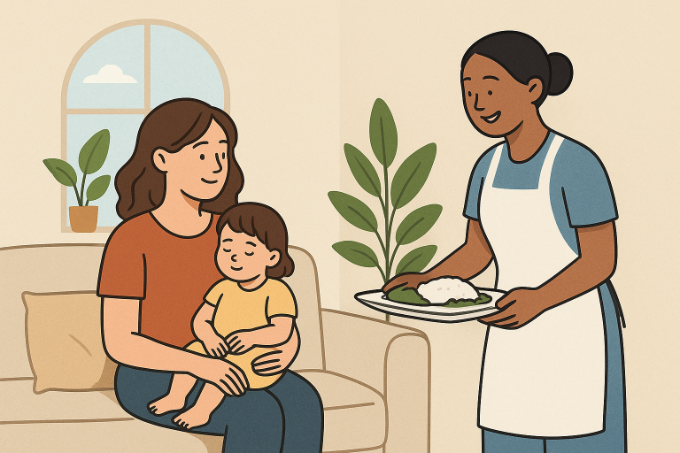 A caregiver serves a meal to a mother holding her child in a cozy living room.