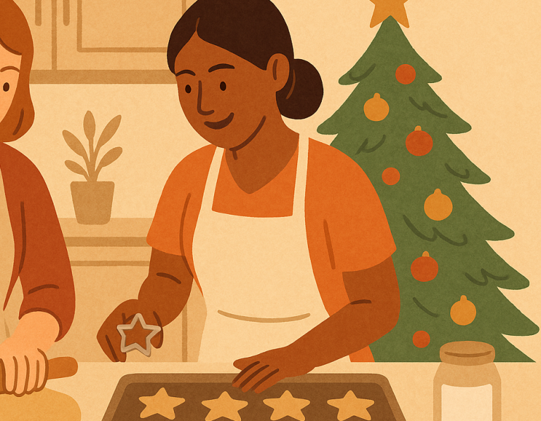 A woman shapes star cookies in a kitchen decorated for the holidays.