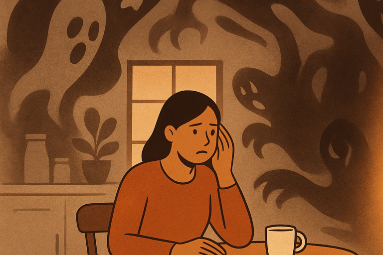A worried woman sits at a table, shadows of ghostly figures loom behind her.