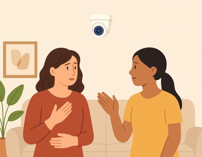 Two women talking in a cozy living room with a security camera above them.