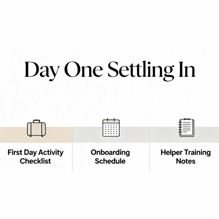 Text listing "Day One Settling In" with icons for a checklist, schedule, and notes.