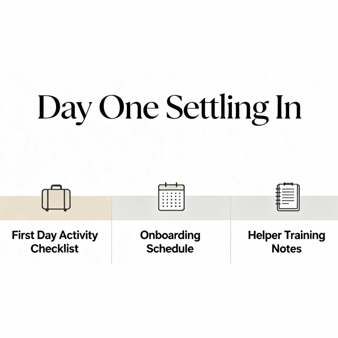 "Text: 'Day One Settling In' with icons for checklist, schedule, and training notes."